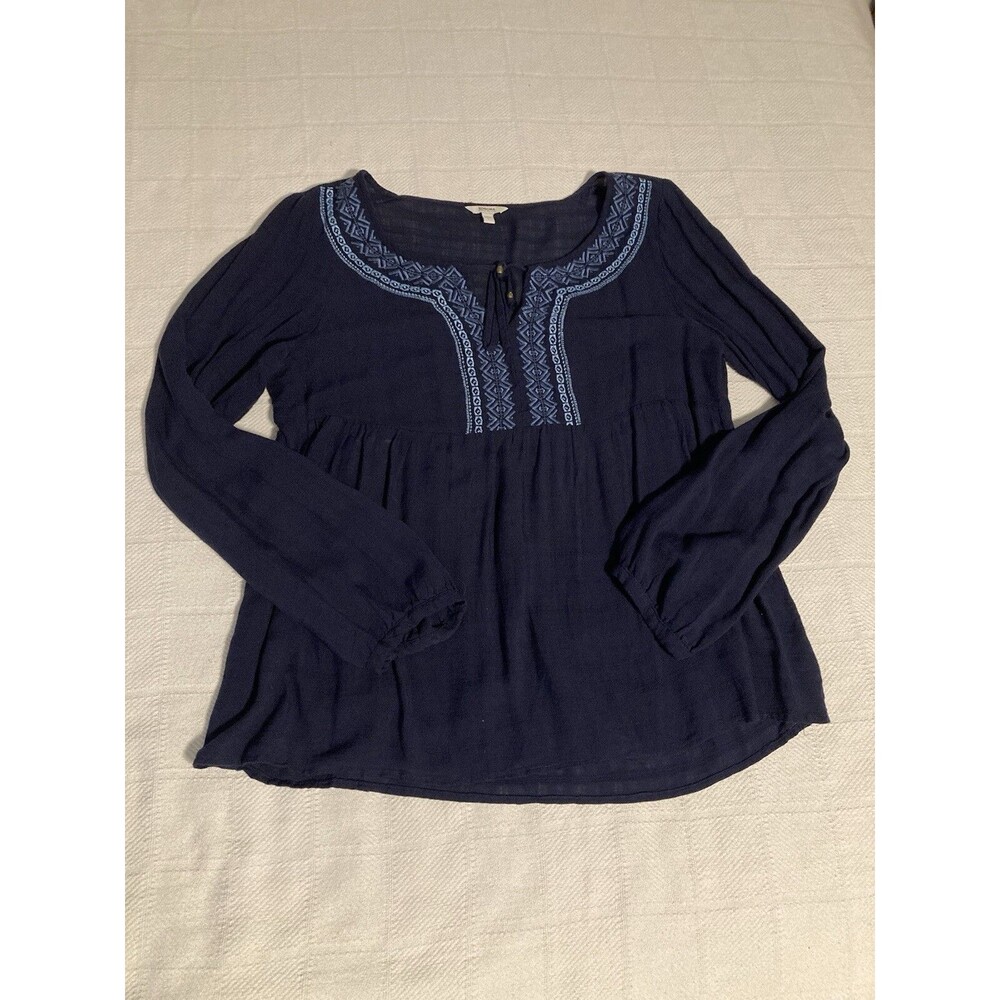 Babydoll Blue Embroidered Top L Blouse Long Sleeve Boho Flowy Peasant Sonoma